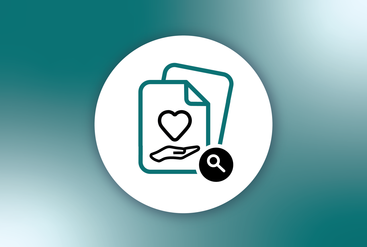 stacked paper icon with magnify glass and hand holding a heart icon