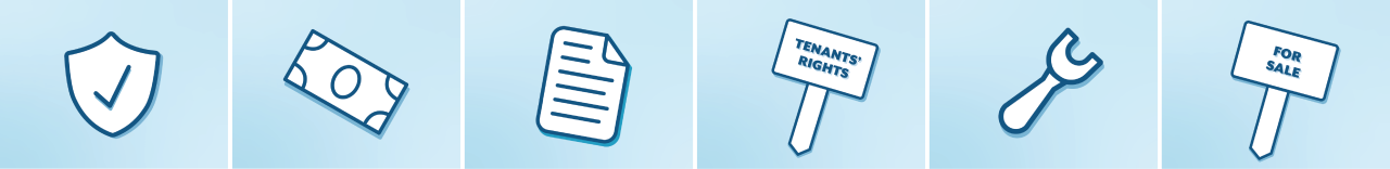 security, money, paper, tenant sign, wrench icon, for sale sign icons in a row