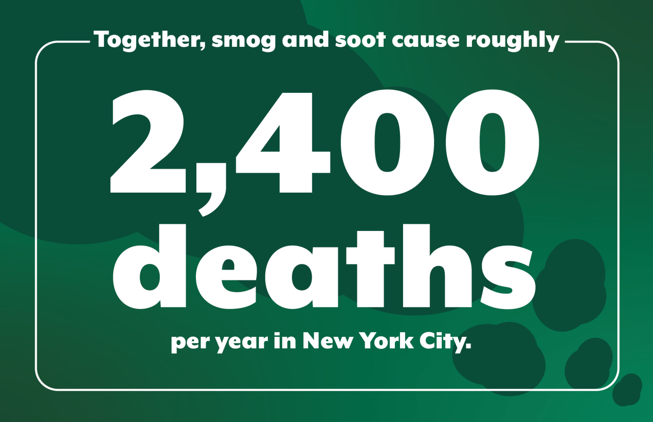 Together, smog and soot cause roughly 2,400 deaths per year in New York City alone (NYC Environment & Health Data Portal) 