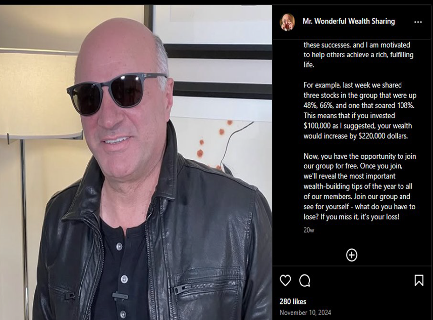 Un ejemplo de un anuncio de un posible esquema de “pump and dump” que incluye una fotografía de Kevin O’Leary utilizada sin su permiso. 