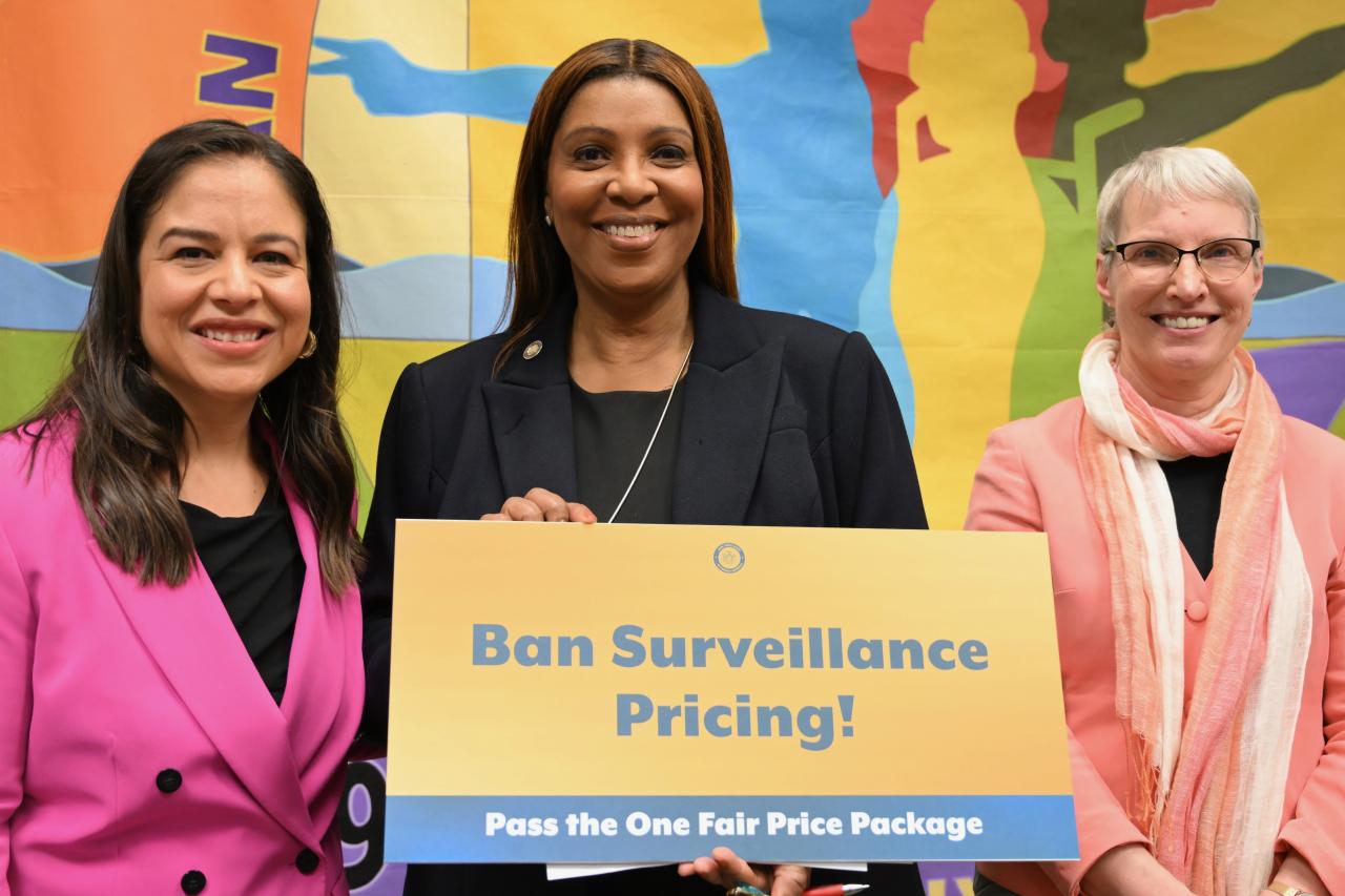 AG James holds "Ban Surveillance Pricing!" poster