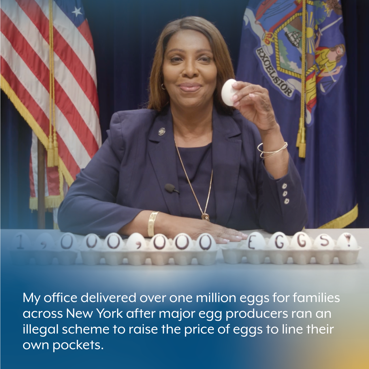 My office delivered over one million eggs for families across New York after major egg producers ran an illegal scheme to raise the price of eggs to line their own pockets. 