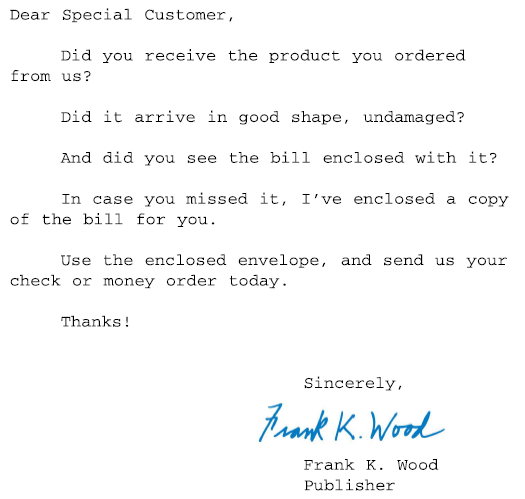 A form letter FC&A customers received demanding payment for a free trial book